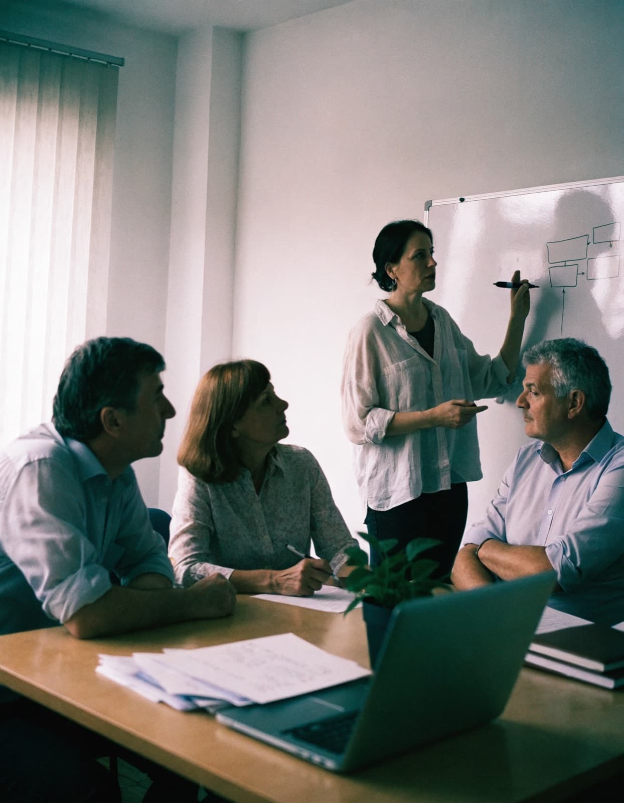 Réunion de travail : une femme debout au tableau blanc explique un schéma de processus à trois collègues assis qui écoutent et prennent des notes.